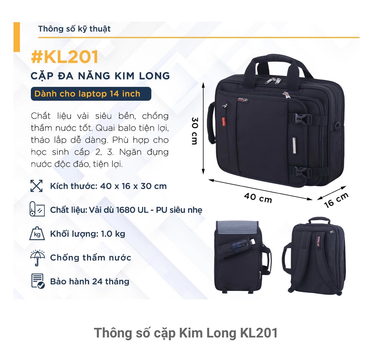 [Mới] Cặp đen học sinh, Cặp đa năng hiệu Kim Long KL201