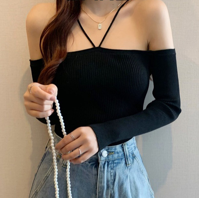Áo kiểu hàn quốc tay dài BARE - áo trễ vai tay dài Chất Thun gân không xù lông