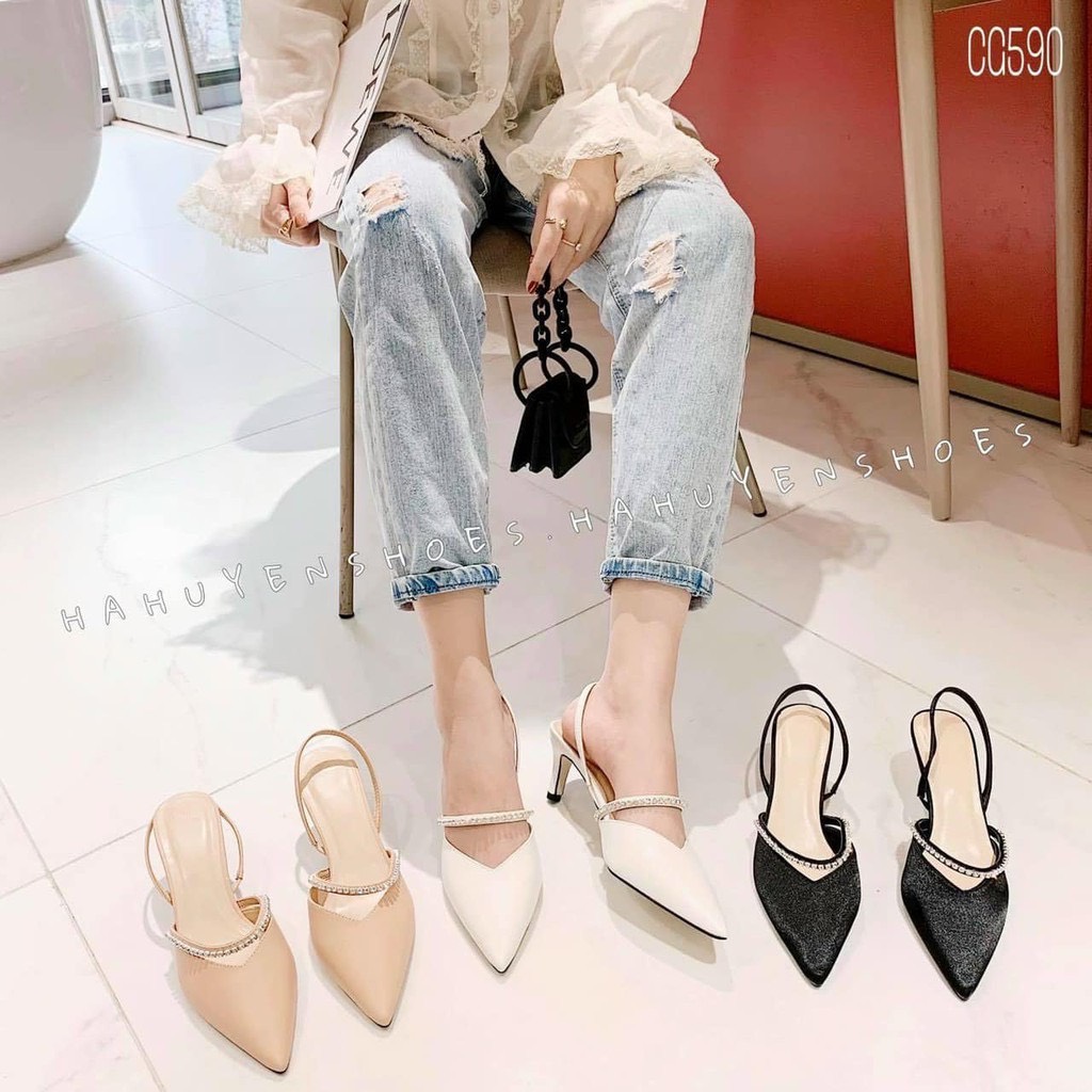 Giày sandal da lì quai đá ngang mũi nhọn gót nhọn 8p có 3 màu siêu xinh - g785