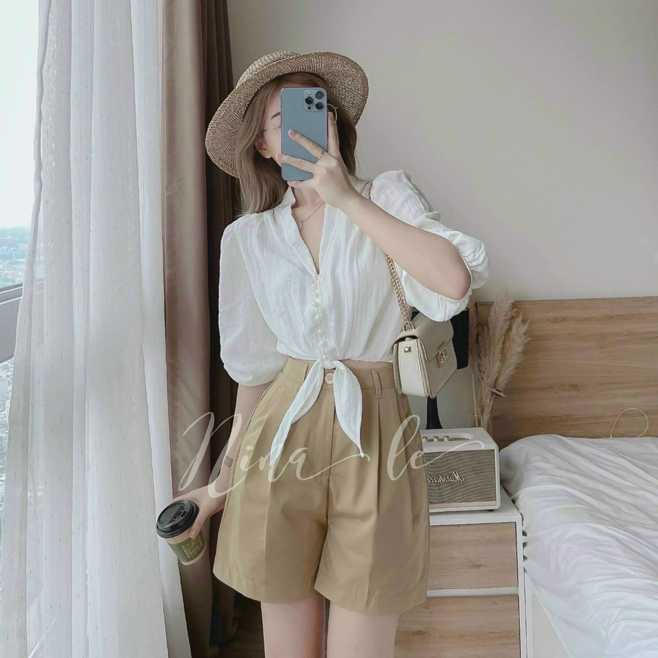 Sét bộ nữ sang chảnh, sét bộ áo sơ mi cột dây cá tính mix quần ống rộng, Sét sơ mi cột dây nơ cá tính