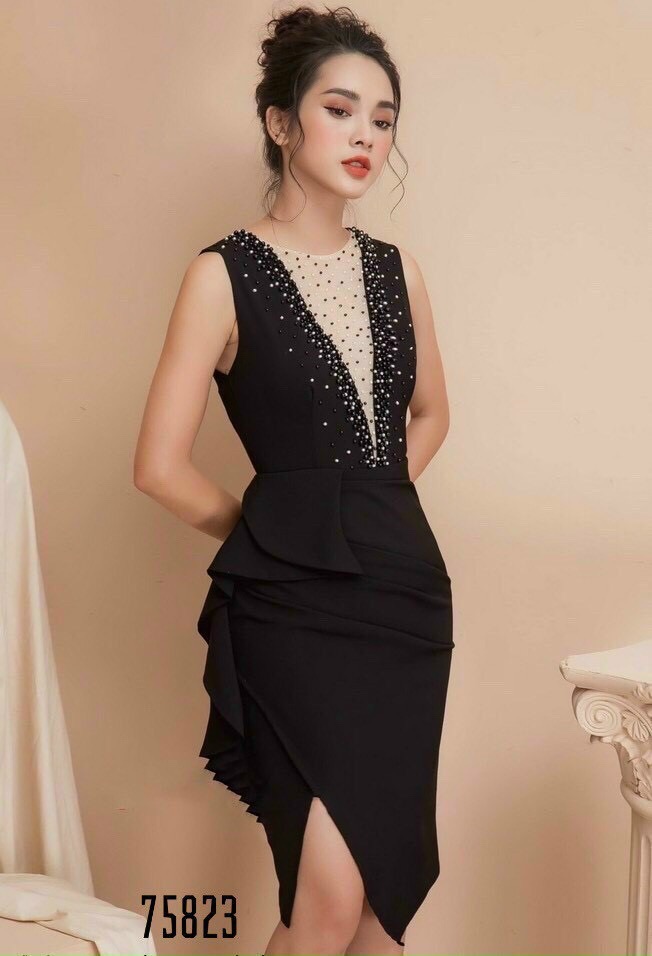 [HCM]Đầm body dự tiệc cổ V ép đá sang chảnh