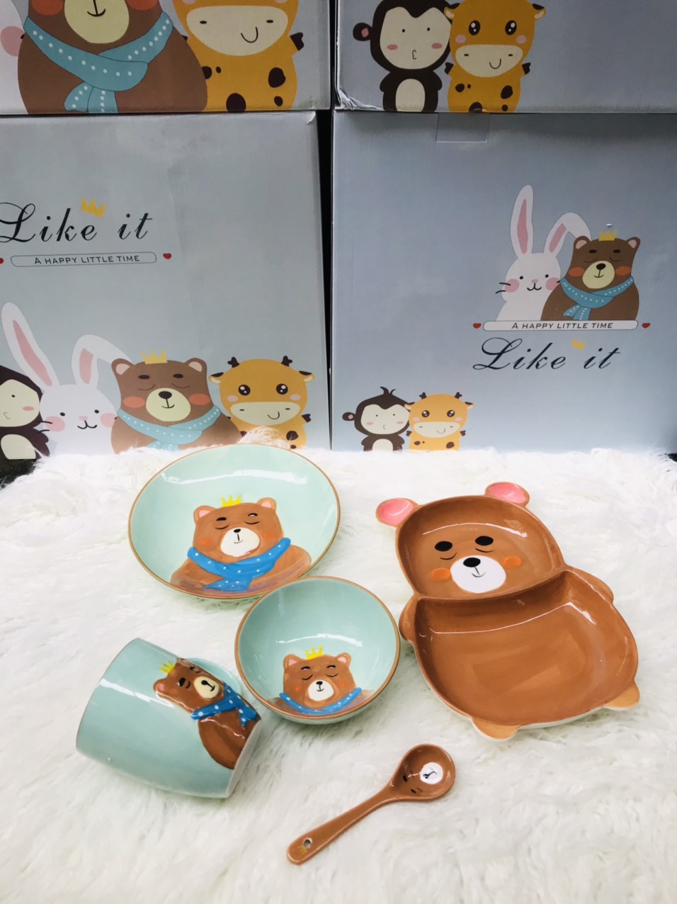 Trọn Bộ Ăn Dặm Cho Bé Hình Thú Đáng Yêu (Gồm 5 Chi Tiết: Khay, Đĩa, Bát, Cốc, Thìa)