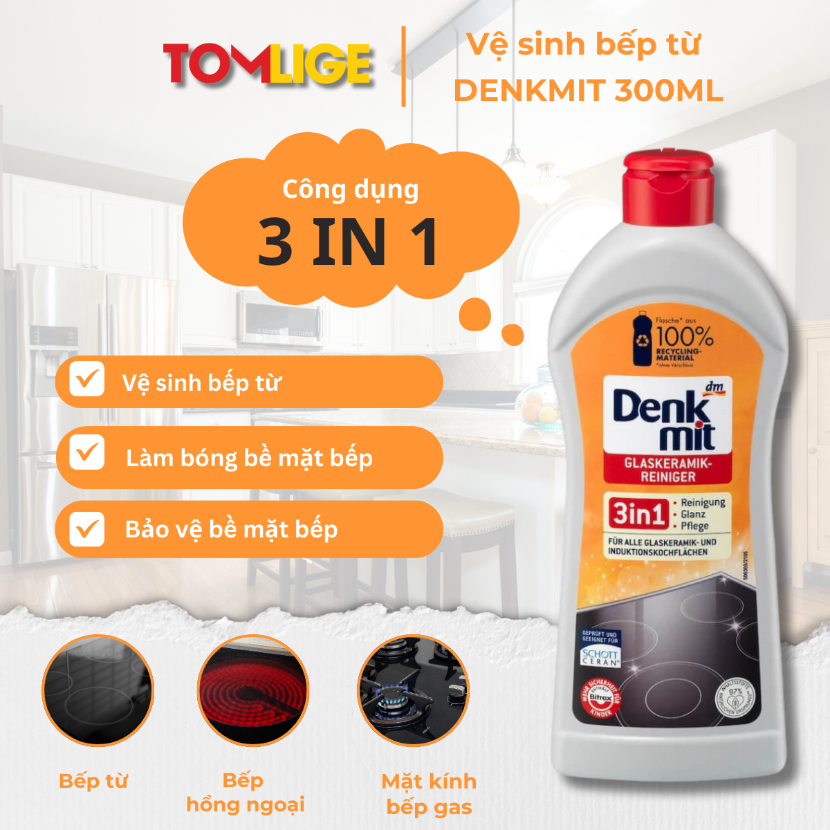 [Hàng Đức] Dung dịch vệ sinh bếp từ Denkmit 3 in 1 300ml Tomlige