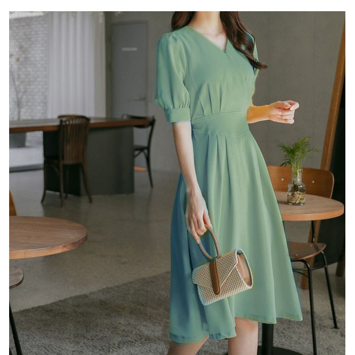Đầm xòe cổ chữ V chít eo thắt nơ tay lửng
