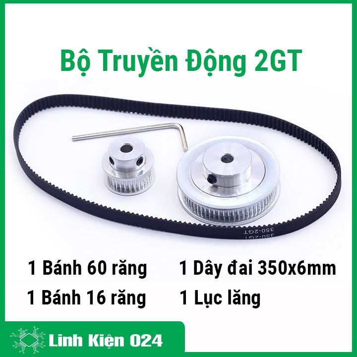 Bộ truyền động 2GT gồm 01 dây đai 350, 01 bánh răng 16 răng, 01 bánh răng 60 răng, 1 lục lăng