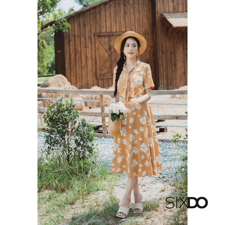 Chân váy hoa lụa chữ A thời trang SIXDO