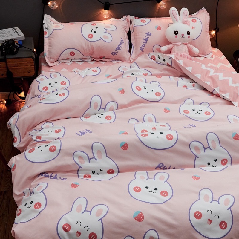 Bộ chăn ga gối phong cách Hàn Quốc ?thỏ trắng đáng yêu bo chun đủ kích thước.