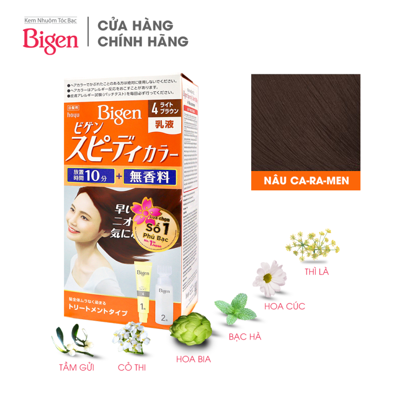 Thuốc nhuộm dưỡng tóc phủ bạc thảo dược Bigen Nhập Khẩu 100% Nhật Bản Speedy Color Milky 80ml dạng kem - Màu Nâu Caramen 4