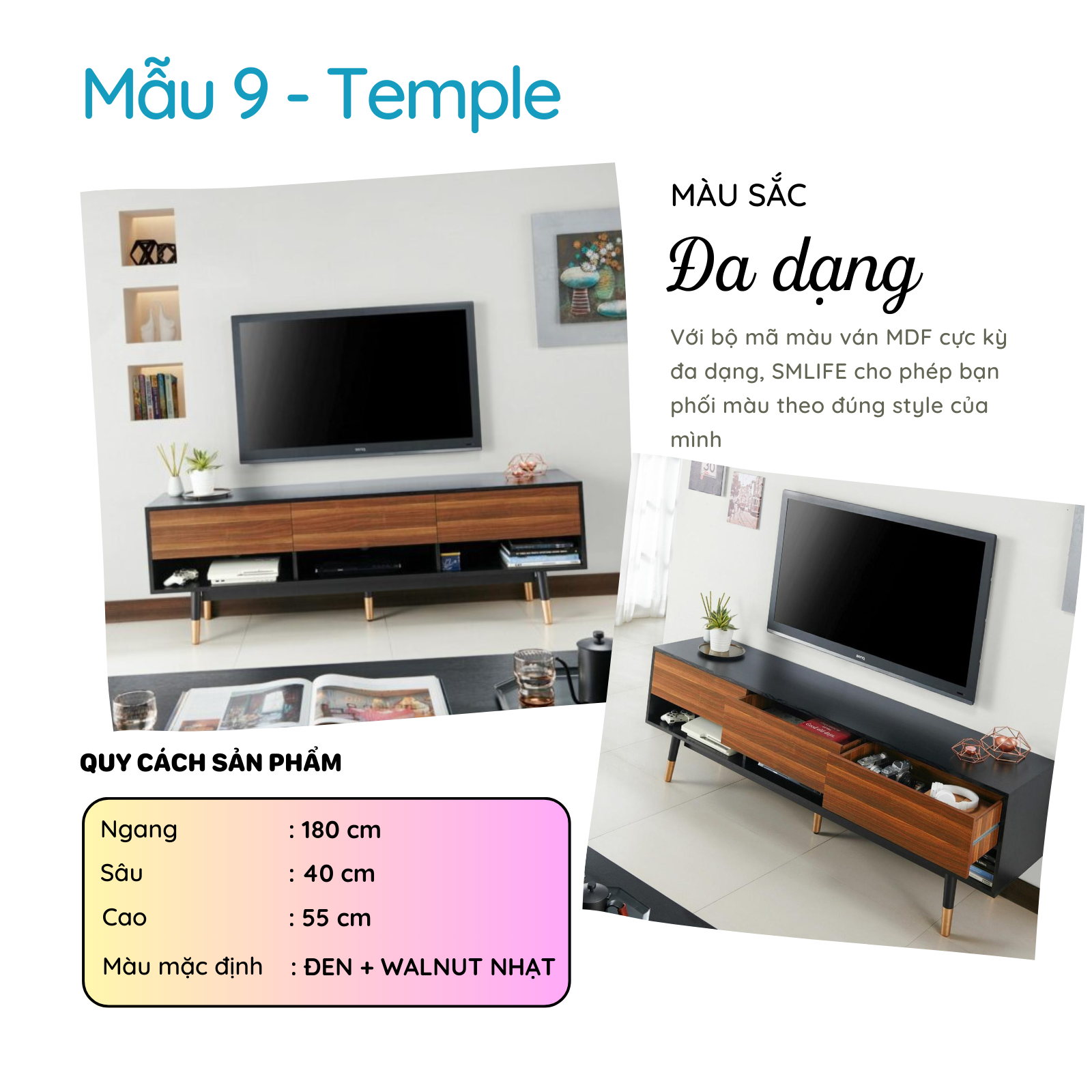Kệ tivi phòng khách đẹp kết hợp kệ trang trí phong cách hiện đại thương hiệu smlife