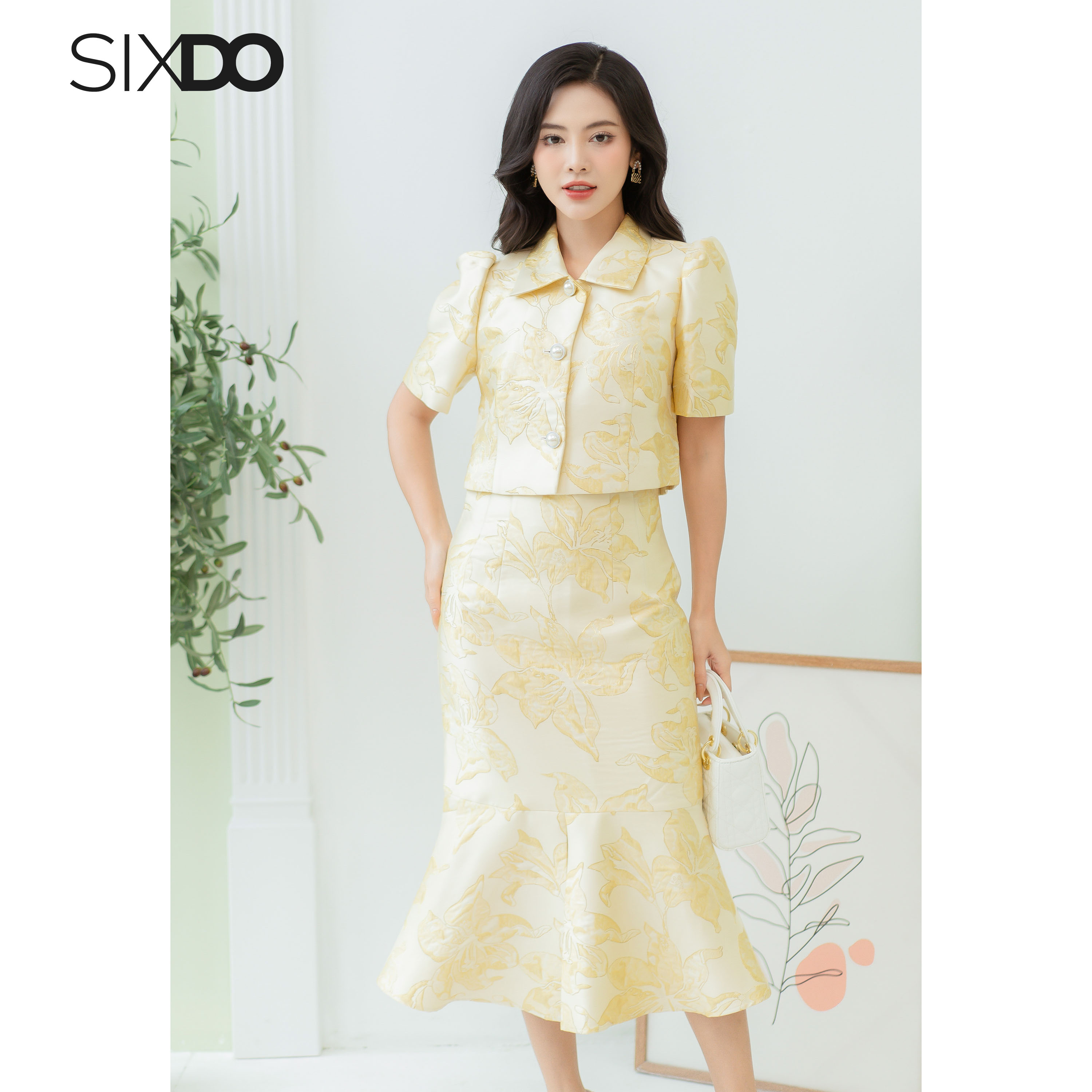 Chân váy gấm đuổi cá SIXDO (Light Yellow Lily Midi Brocade Skirt)