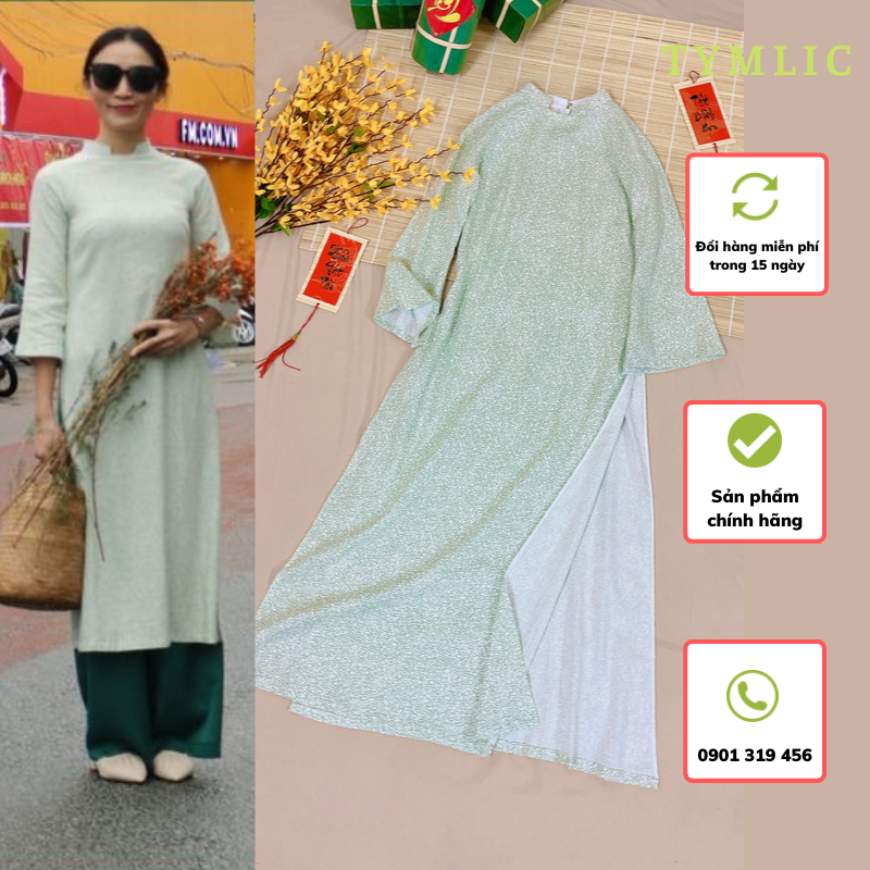 Áo dài linen hoa nhí xanh tay loe tymlic