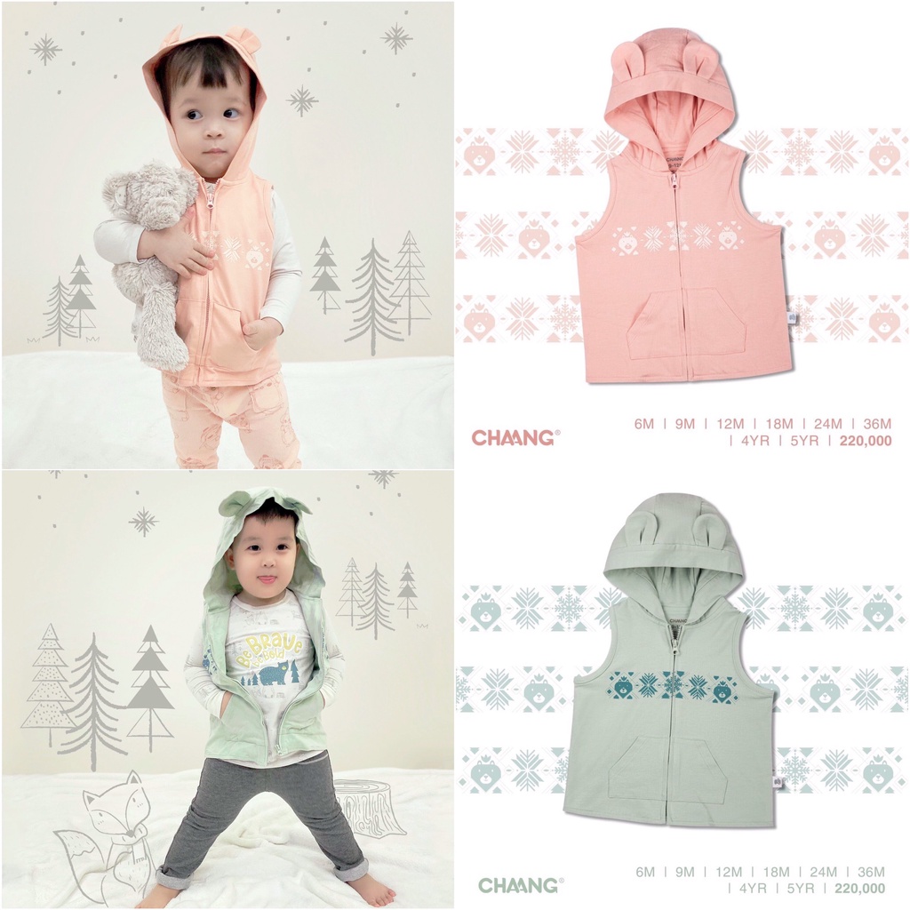 Áo gile kéo khóa có mũ trẻ em họa tiết Snow Chaang