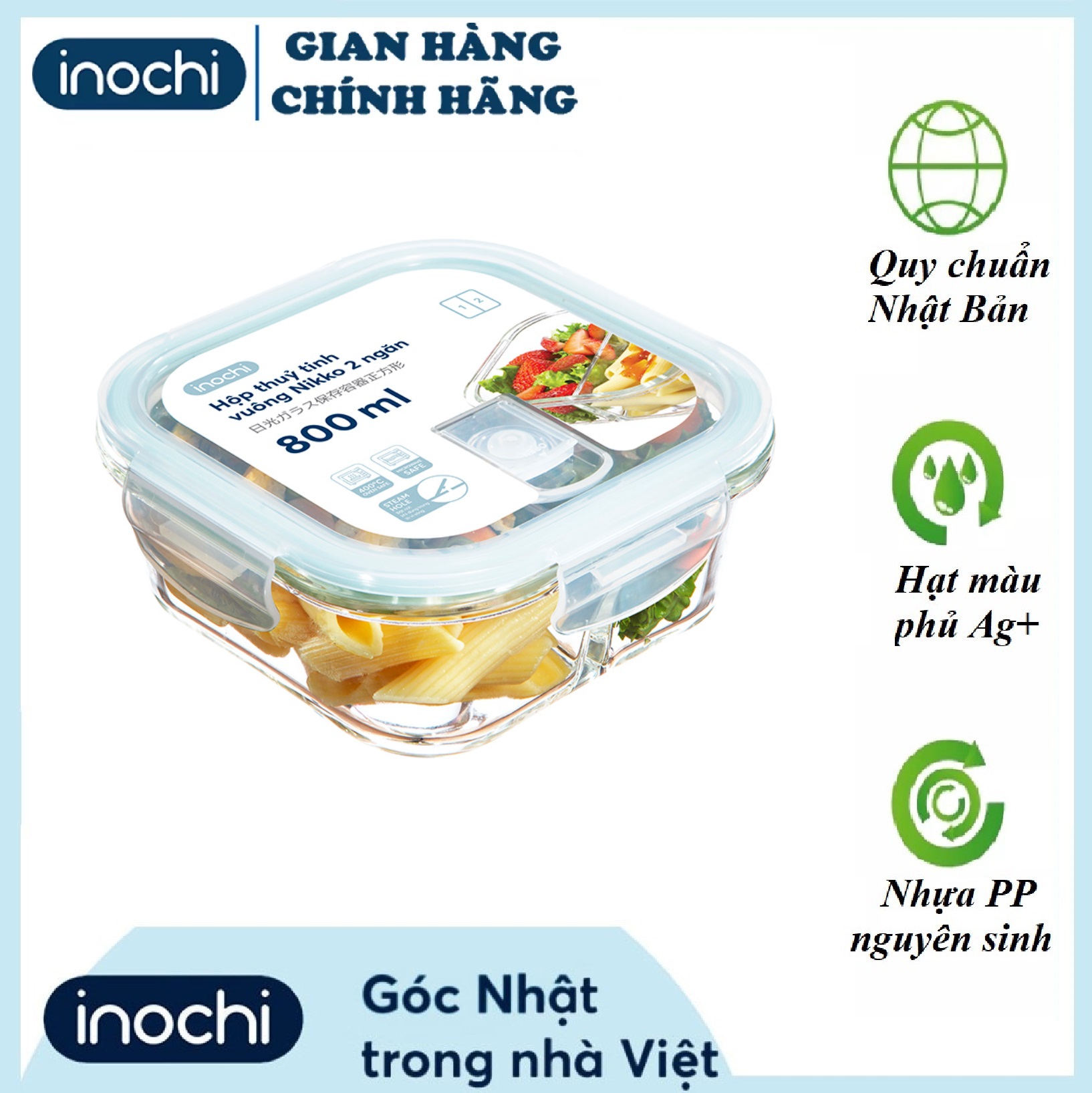 Hộp thủy tinh vuông Nikko 800 ml (2 ngăn)