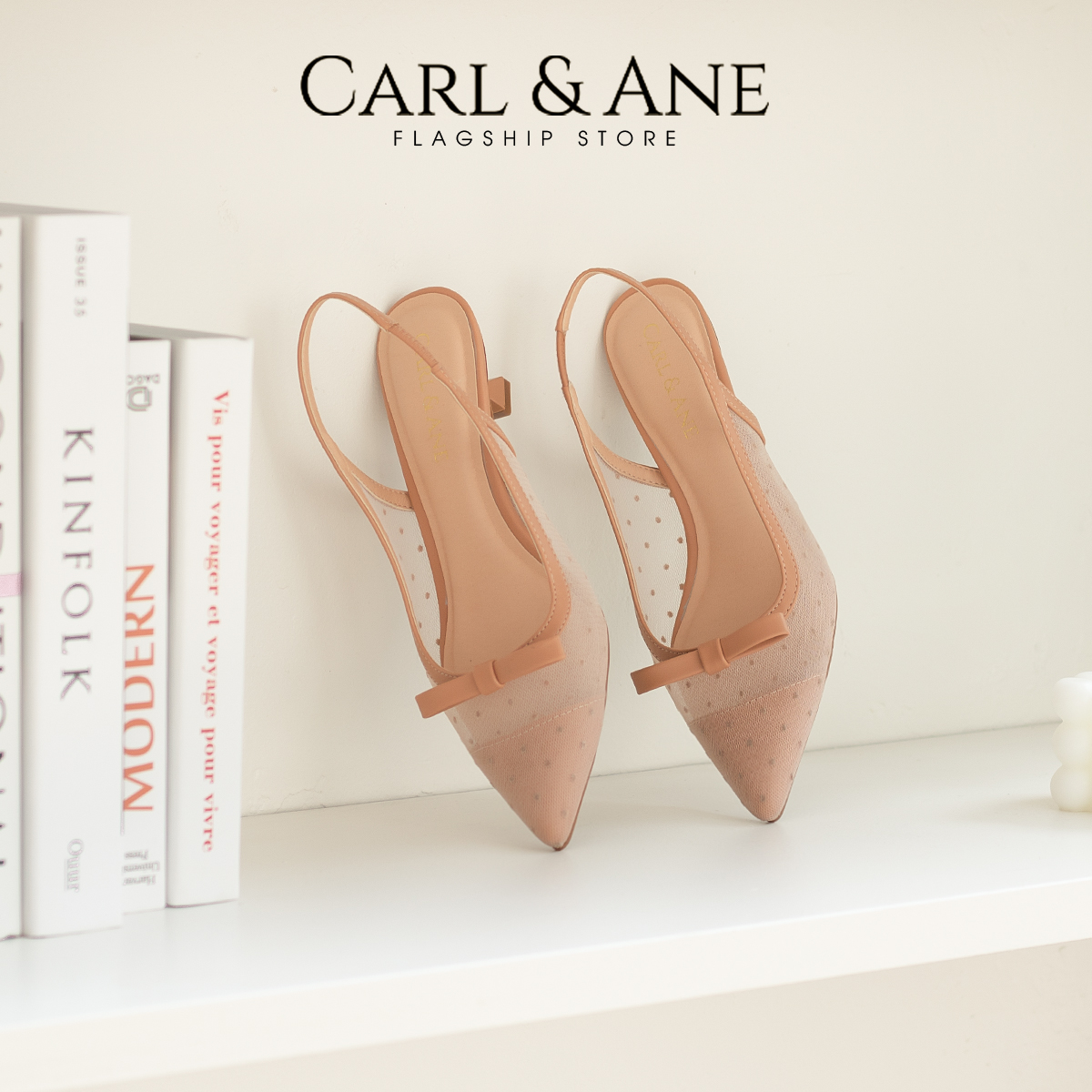 Carl & Ane - Giày cao gót mũi nhọn phối dây lưới thời trang công sở cao 5cm màu nude - CL030