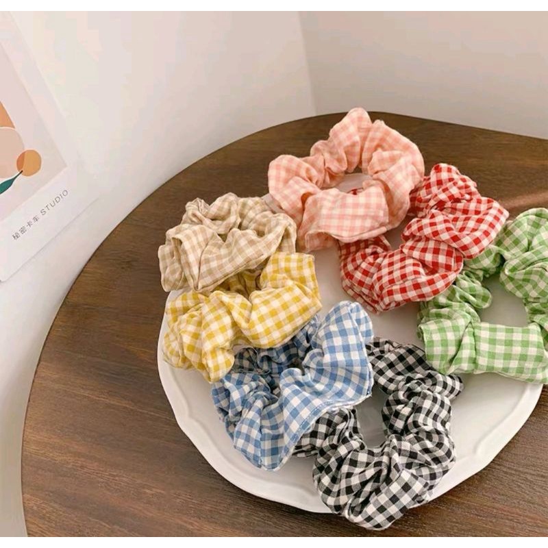 Dây Buộc Tóc, Cột Tóc Vải Scrunchies Caro Cao Cấp