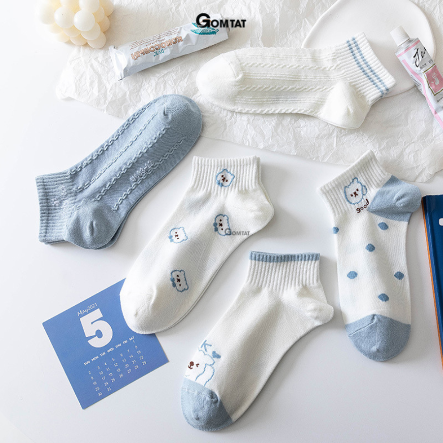 Set 5 đôi vớ cổ thấp nữ GOMTAT hoạ tiết dễ thương, chất liệu cotton dày dặn êm ái, ôm chân không bó chặt - CB089