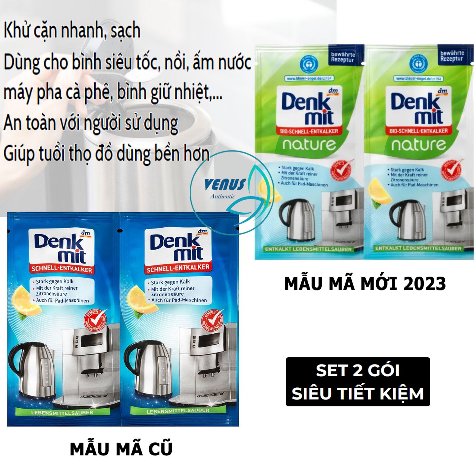 Bột tẩy cặn ấm siêu tốc, máy pha cà phê Denkmit nội địa Đức - Set 2 gói x25g