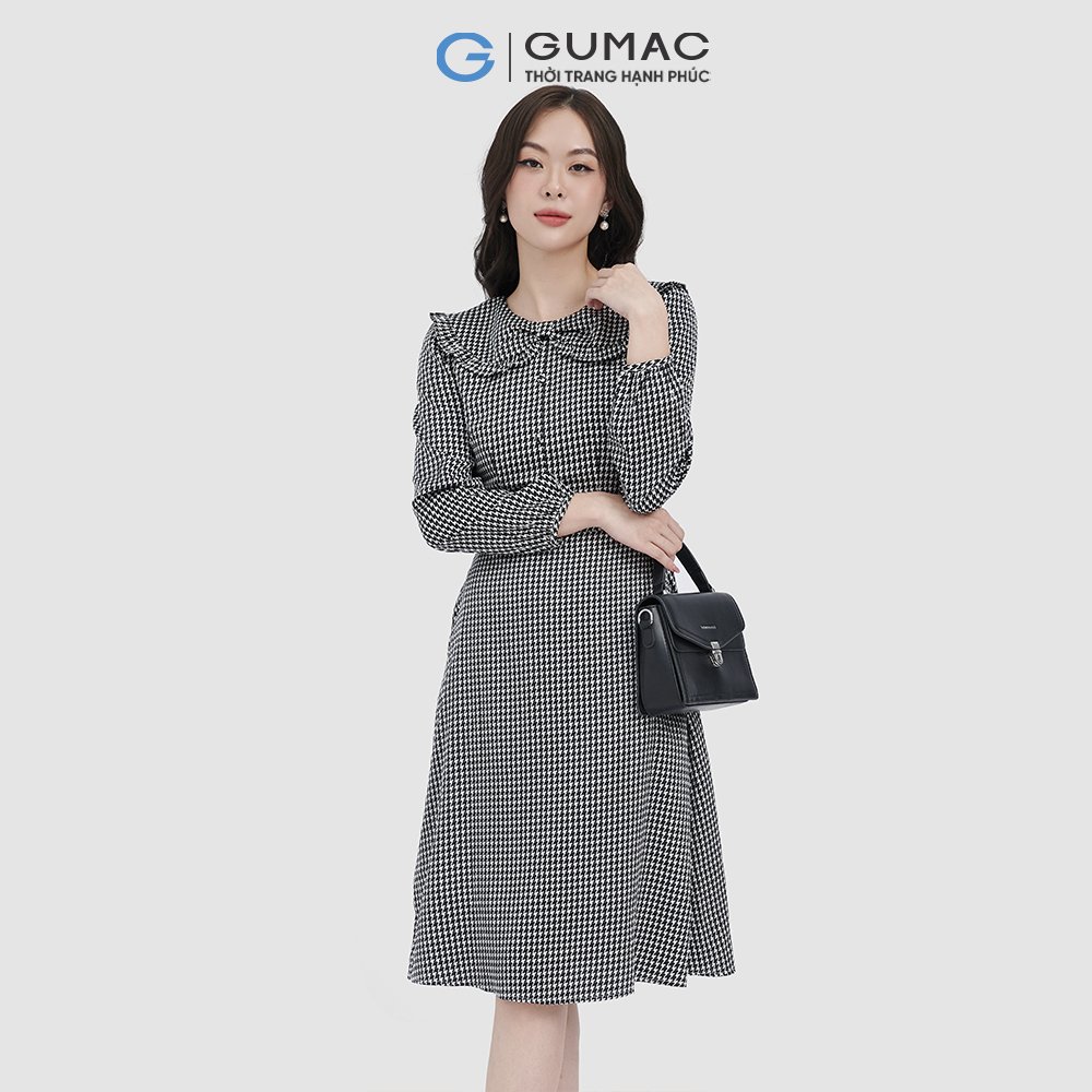Đầm lụa họa tiết bâu nơ cổ lá GUMAC DC09092
