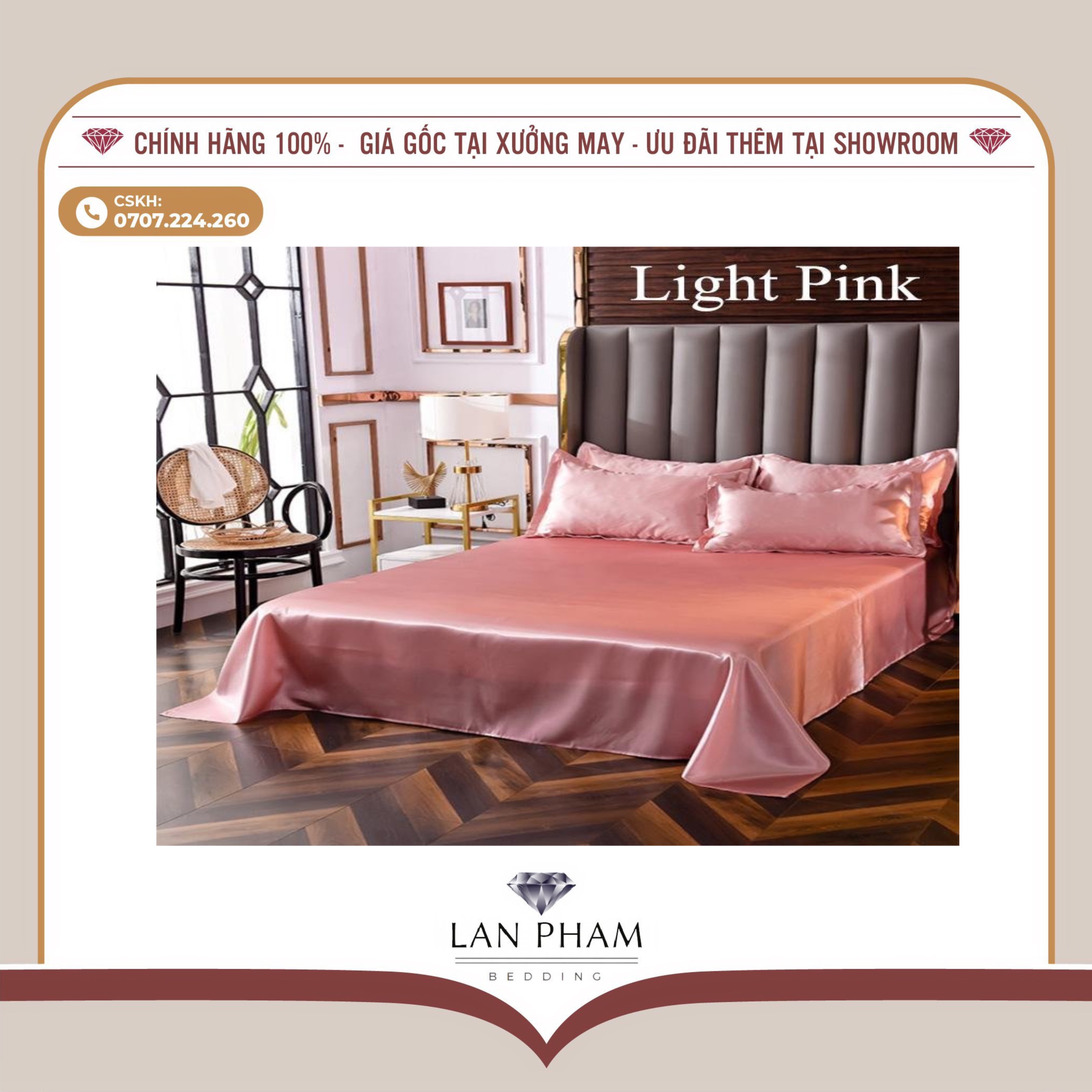 BỘ GA GIƯỜNG DRAP GỐI PHI LỤA MÀU HỒNG PHẤN CAO CẤP LAN BEDDING