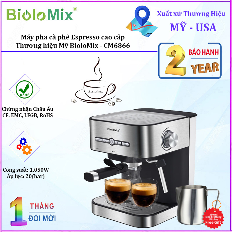 Máy pha cà phê espresso biolomix cm6866 công suất 1050, bình nước có thể tháo rời - bảo hành 12 tháng