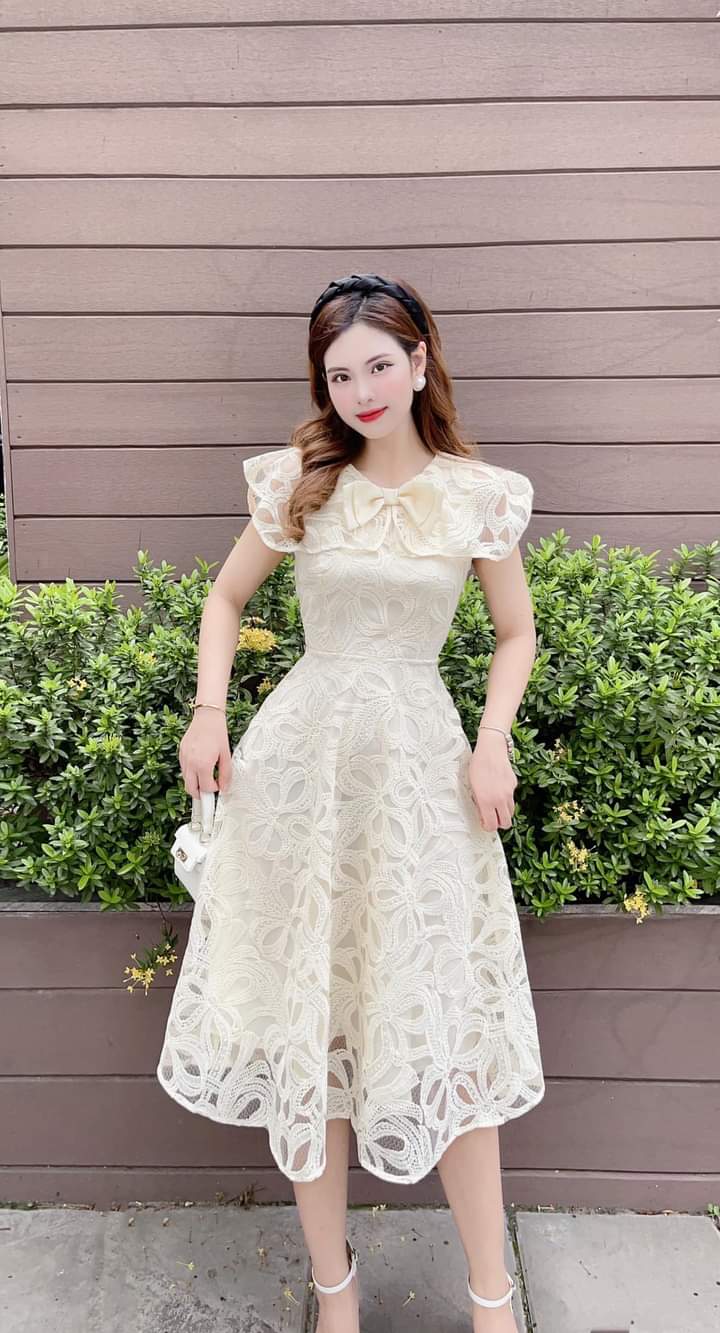 HÀNG MỚI VỀ, ẢNH THẬT - Đầm ren thiết kế cổ nơ cao cấp, Váy dự tiệc cho nữ sang trọng dáng xòe chất ren mềm đẹp, tông màu mặc siêu sang chảnh trắng da - TỔNG KHO XU XU SHOP