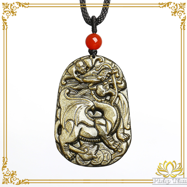 Mặt Dây Chuyền Phong Thủy Hỏa Kỳ Lân Đá Obisian Vàng Đen Cao Cấp - Pháp Tâm
