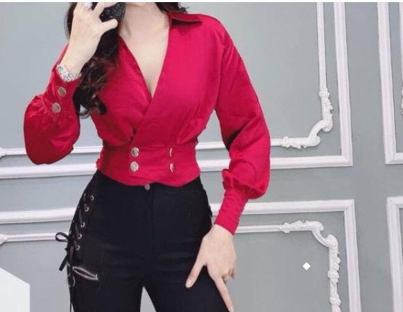 Áo tay dài phồng cổ sơ mi phi lụa