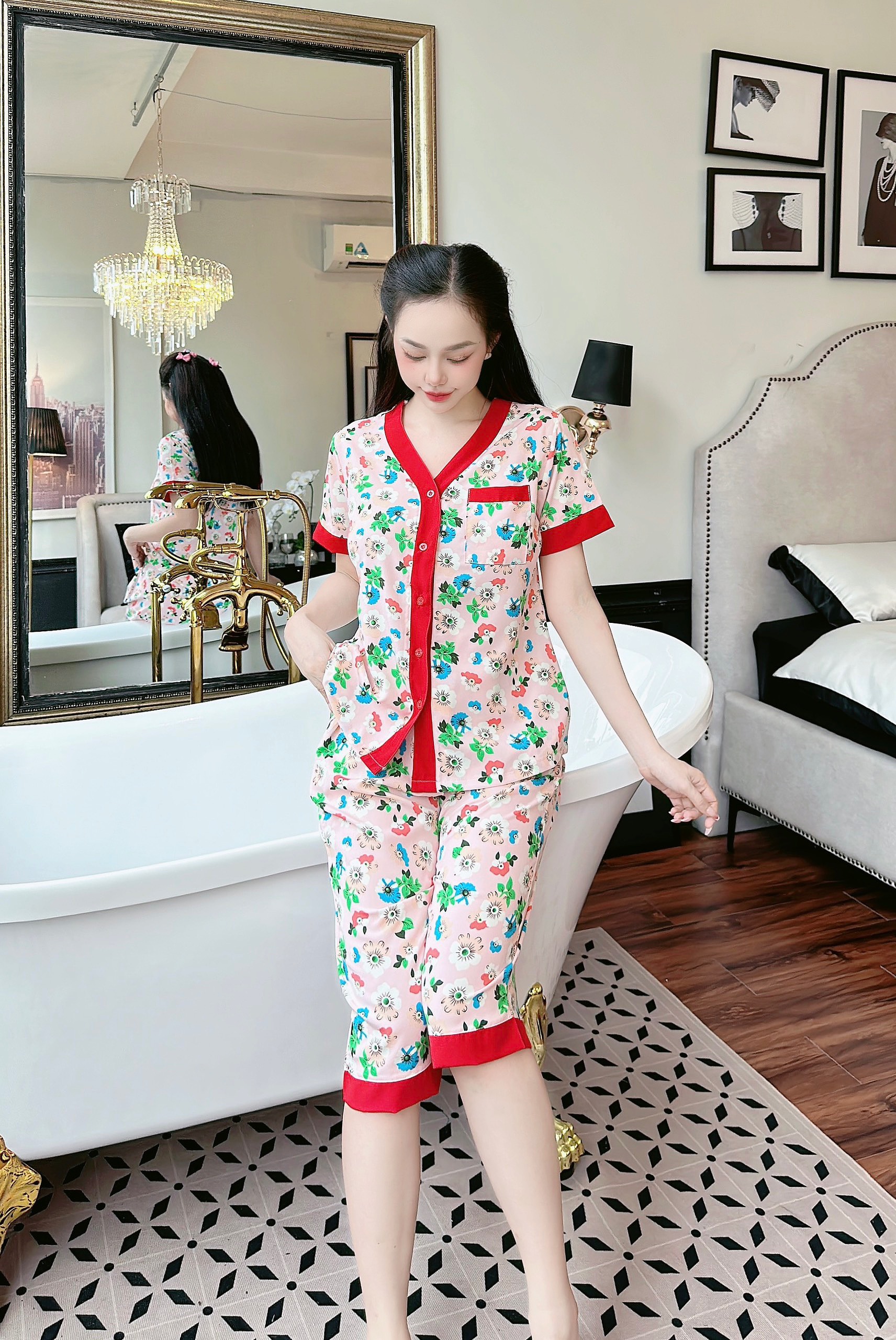[3 size 46-62KG] Đồ bộ LỤA PIJAMA HOA LÁ MỀM MÁT DỄ THƯƠNG thời trang
