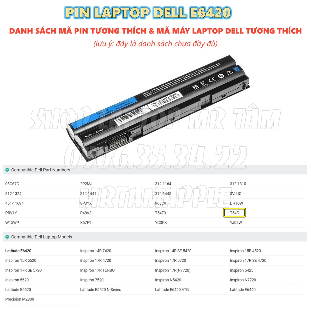 PIN LAPTOP DELL E5420 (T54FJ) - 6 CELL dành cho PIN LAPTOP DELL E6420 - 6 CELL dành cho Latitude E5420 E5430 E5520 E5530