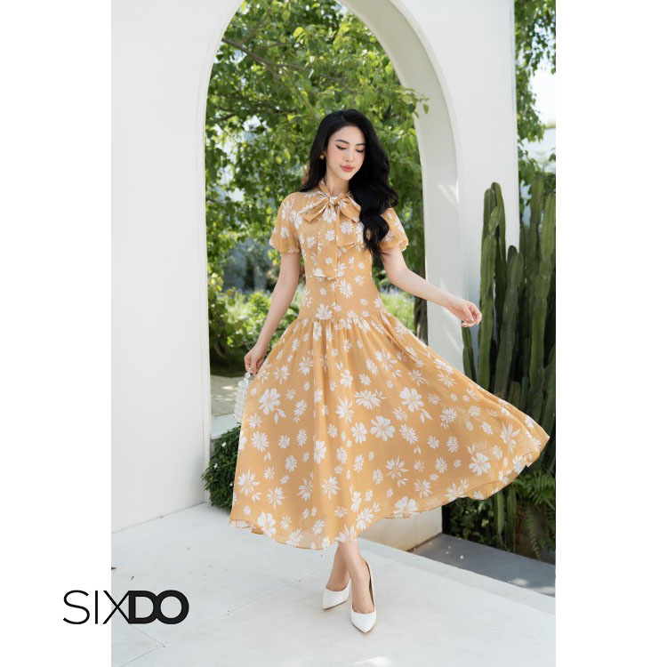 Đầm voan hoa nơ cổ  chiết eo SIXDO (Yellowish-brown Floral Bowtie Midi Voile Dress)