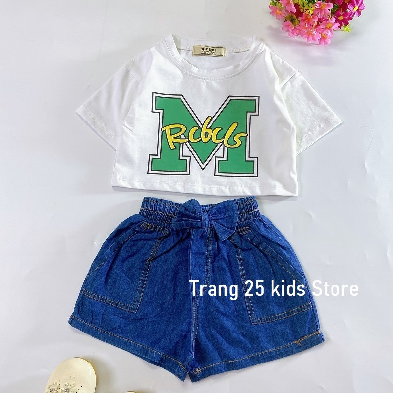Set áo thun lửng+ quần jean bé gái , áo croptop hiphop và quần jean denim mềm -trang 25 kids