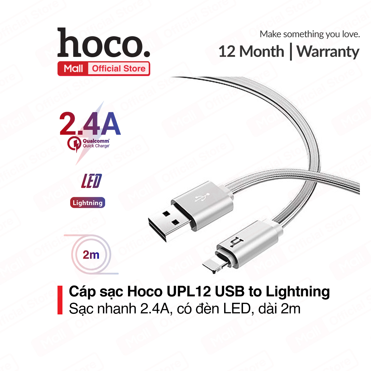 Cáp sạc Lightning Hoco UPL12 cho iPhone/iPad iPhone XS max iPhone 11 iPhone 11 Pro max chống rối chống đứt  có đèn LED báo sạc dài 200cm