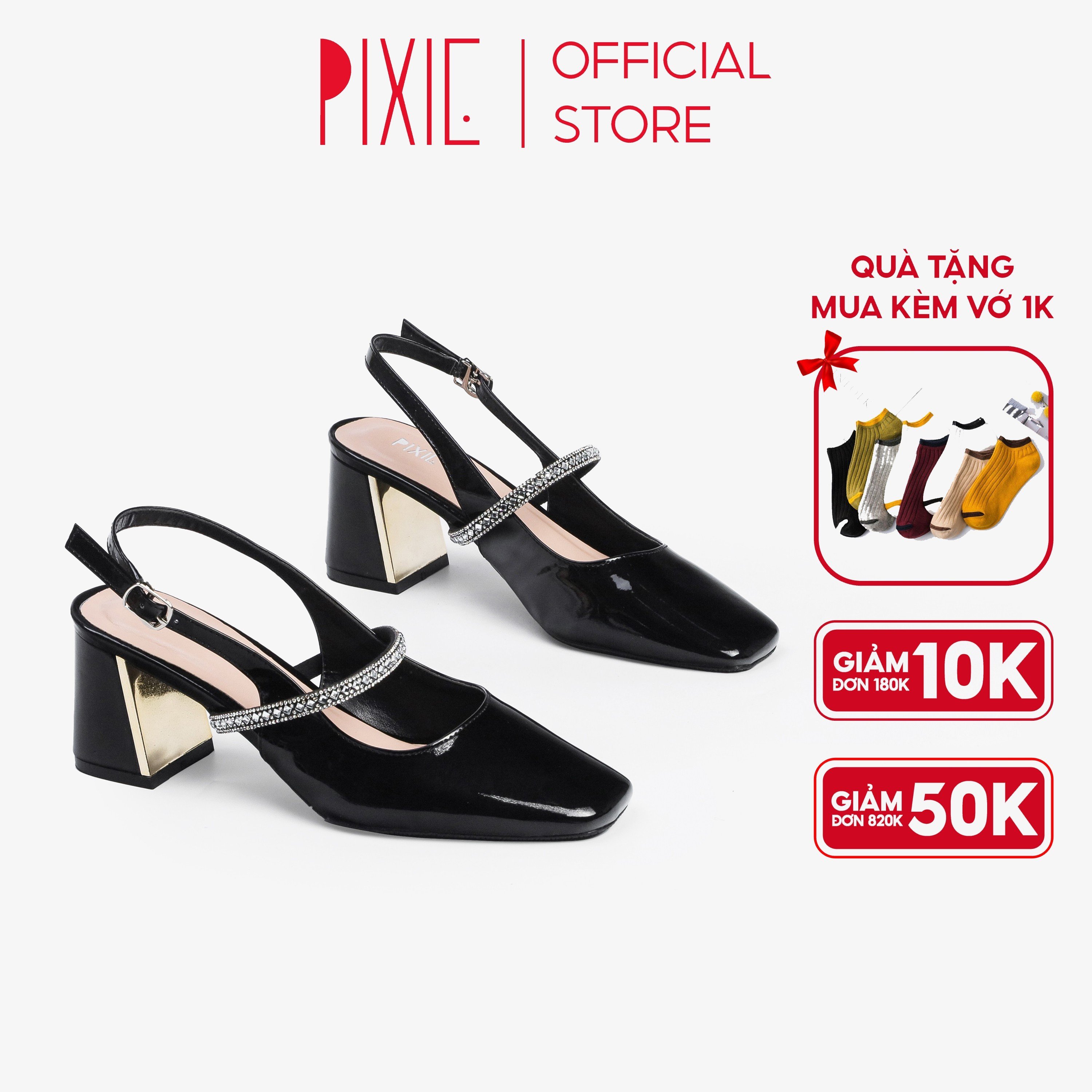 Giày cao gót 6cm quai ngang đính đá mũi vuông pixie h091