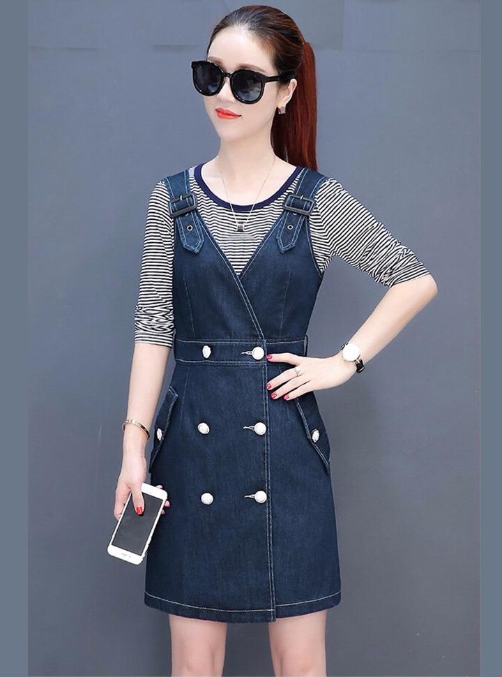 [HCM]Đầm Yếm Jean Nữ Duyên Dáng Phối Nút