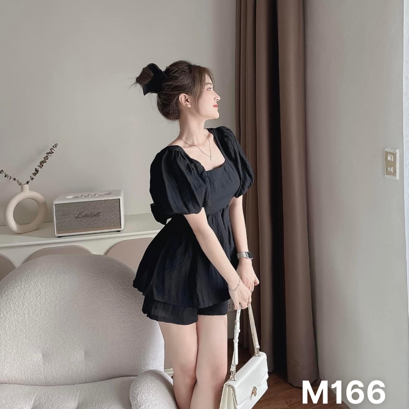 Bộ ngắn nữ tay phồng cột nơ eo quần short voan tơ xước M166