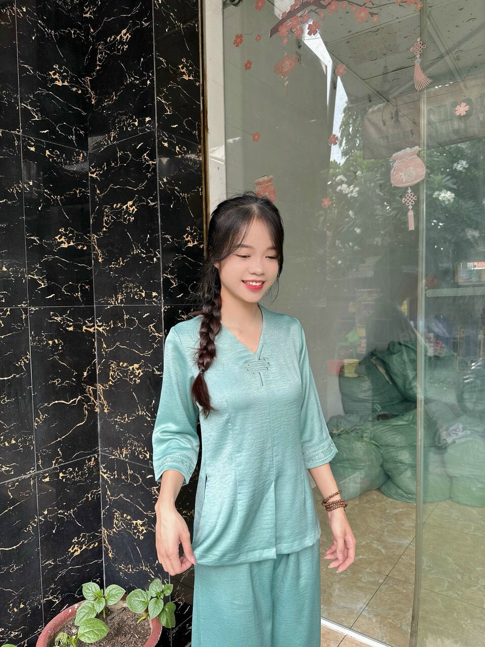 Đồ Lam Đi Chùa # Bộ Lua Cổ Tim Trơn # Quần Áo Nữ