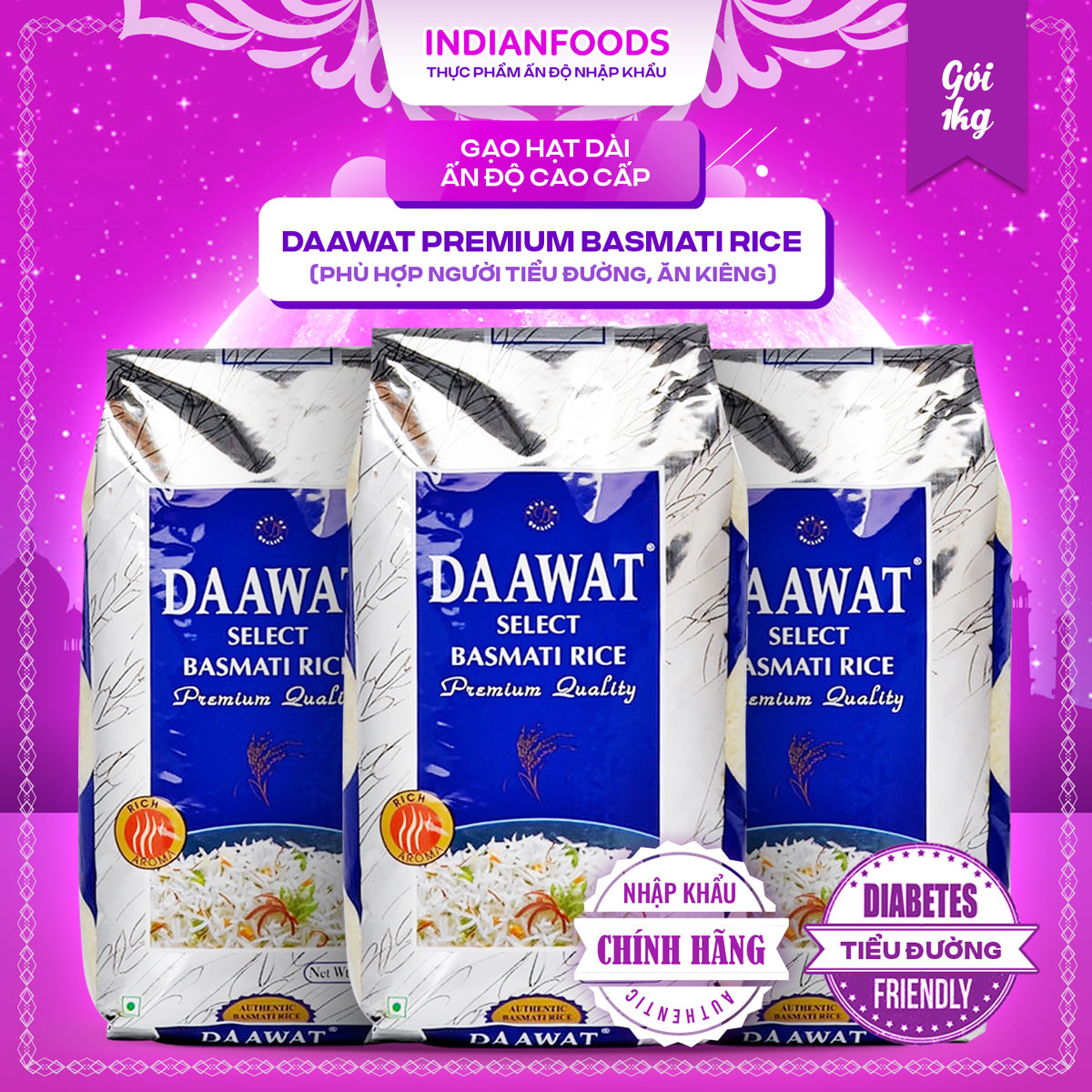 Gạo hạt dài Ấn Độ DAAWAT Basmati Rice Premium 1kg