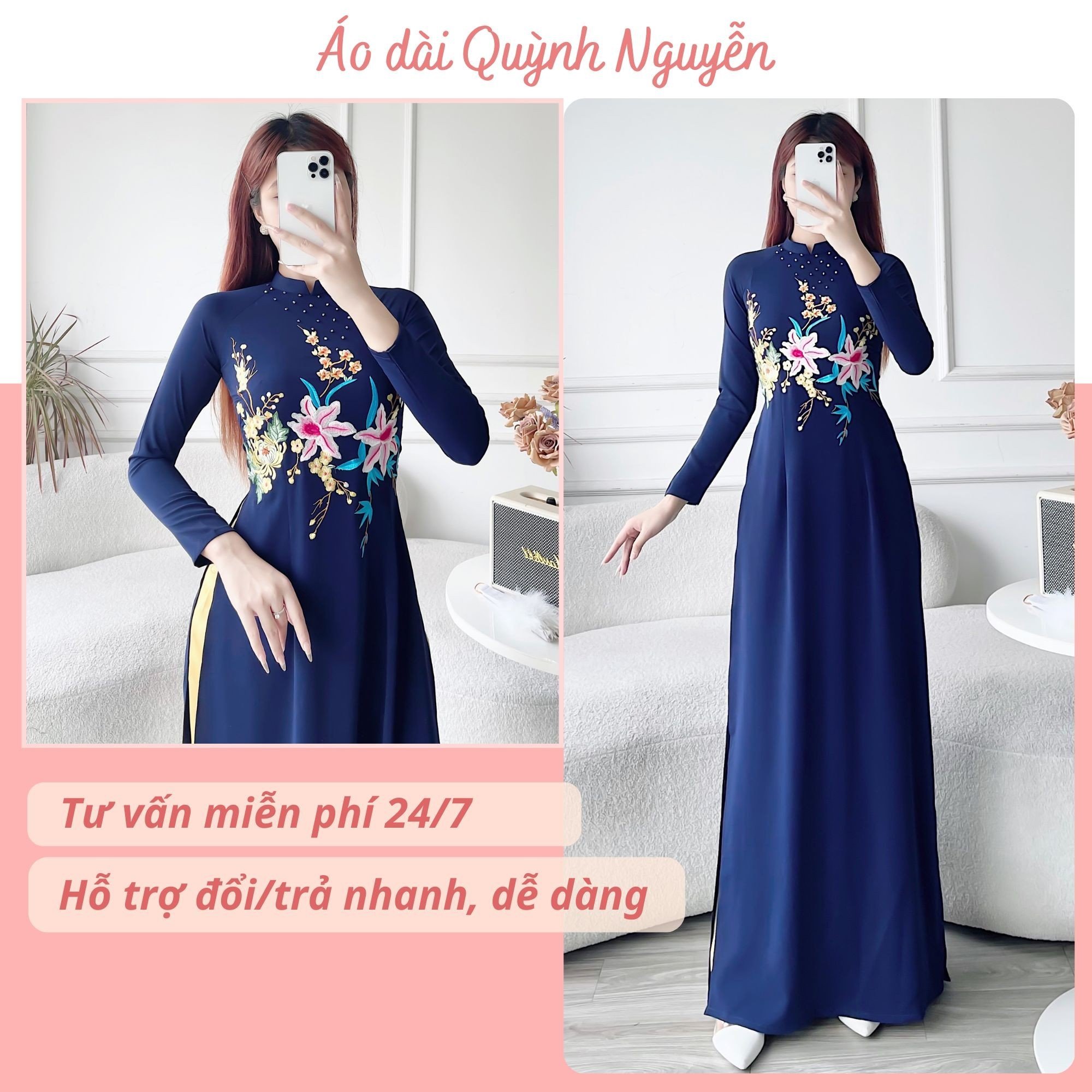 Áo dài áo dài lụa mỹ thêu hoa kết đá thủ công trang phục truyền thống MÃ TK36