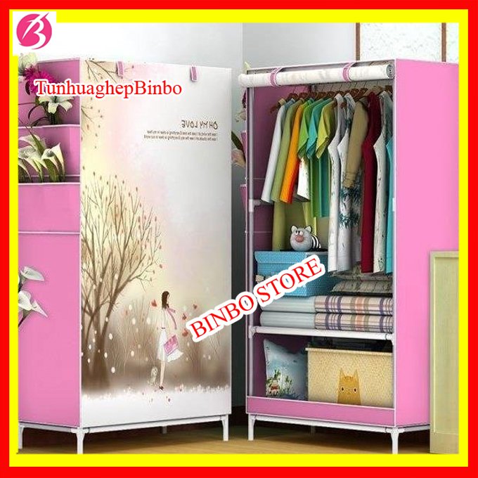 [MẪU HOT]Tủ vải 1 buồng 2 ngăn đựng quần áo,  kích thước 150 x 69 x 41cm màu xanh in họa tiết 3d