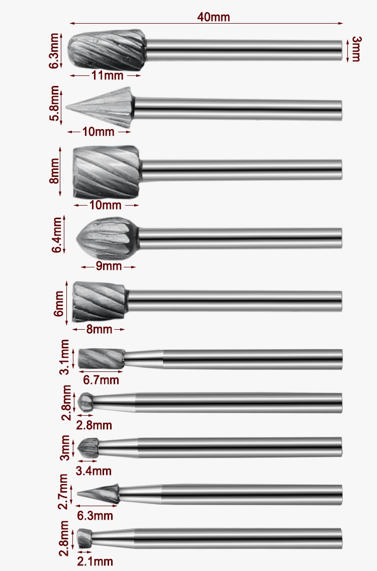 Bộ 10 đầu mũi phay mài khắc làm lũa gỗ đa năng - Mủi doa mài lũa mini cán 3mm