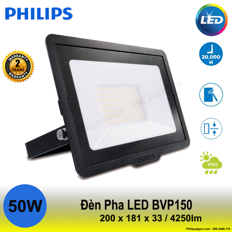 Đèn pha Philips Led BVP 150 50W ánh sáng Trắng / vàng / hoặc trung tính, Độ kín IP65, Vỏ nhôm đúc chắc chắn, mỏng gọn Driver tích hợp - 24 tháng bảo hành - PhilipSaigon