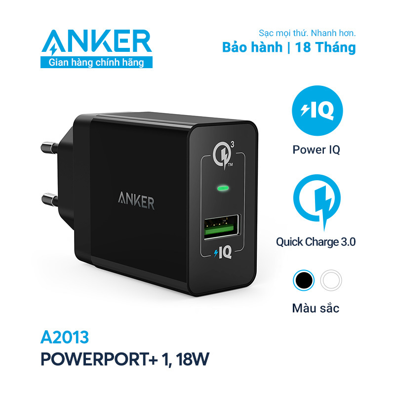 Sạc ANKER PowerPort+ 1 cổng Quick Charge 3.0 có PowerIQ 18W - A2013 - Hỗ trợ sạc nhanh cho các thiết bị Android, sạc tối ưu 12W cho iPhone, iPad, trang bị nhiều công nghệ an toàn để bảo vệ thiết bị và sạc
