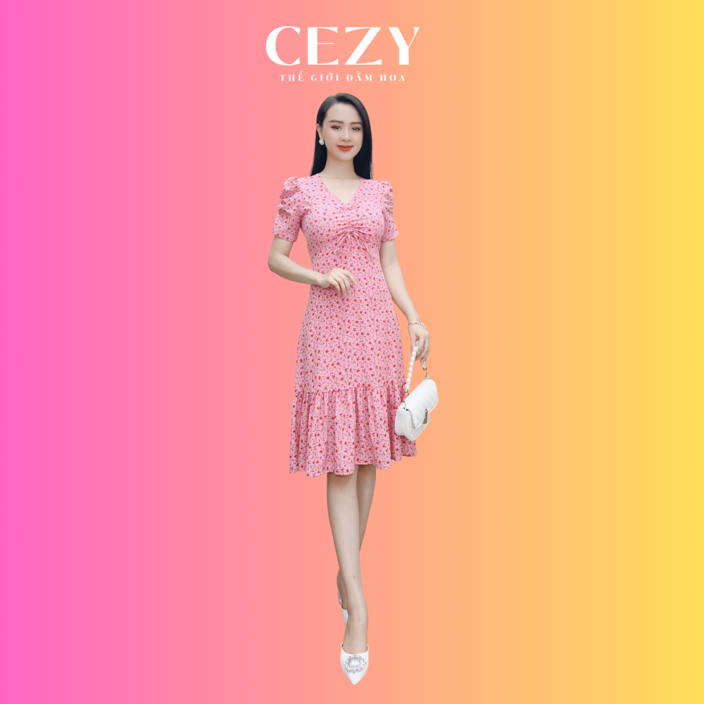 Đầm hoa nhí cổ v tay phồng đuôi cá có size bigsize cezy d147