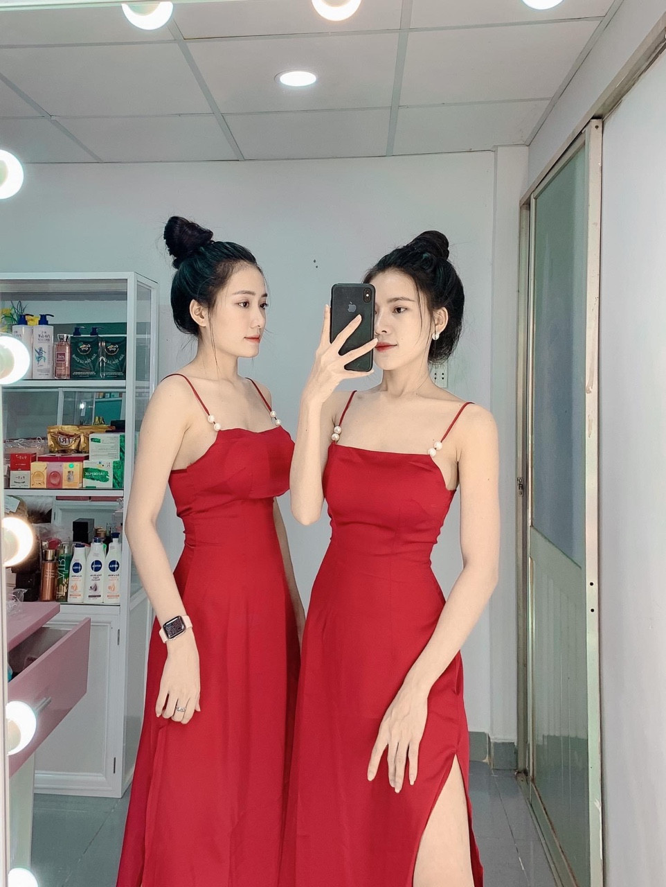 Đầm lụa 2 dây ngọc trai-QH