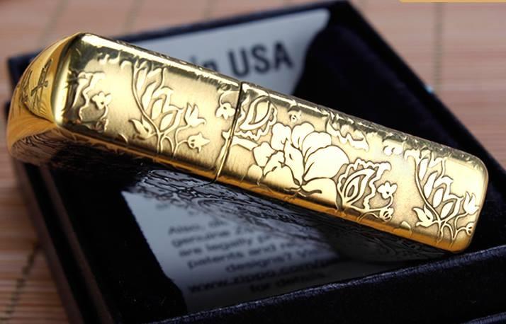 Bật lửa zippo đồng thau vỏ dày dập nổi hoa mẫu đơn