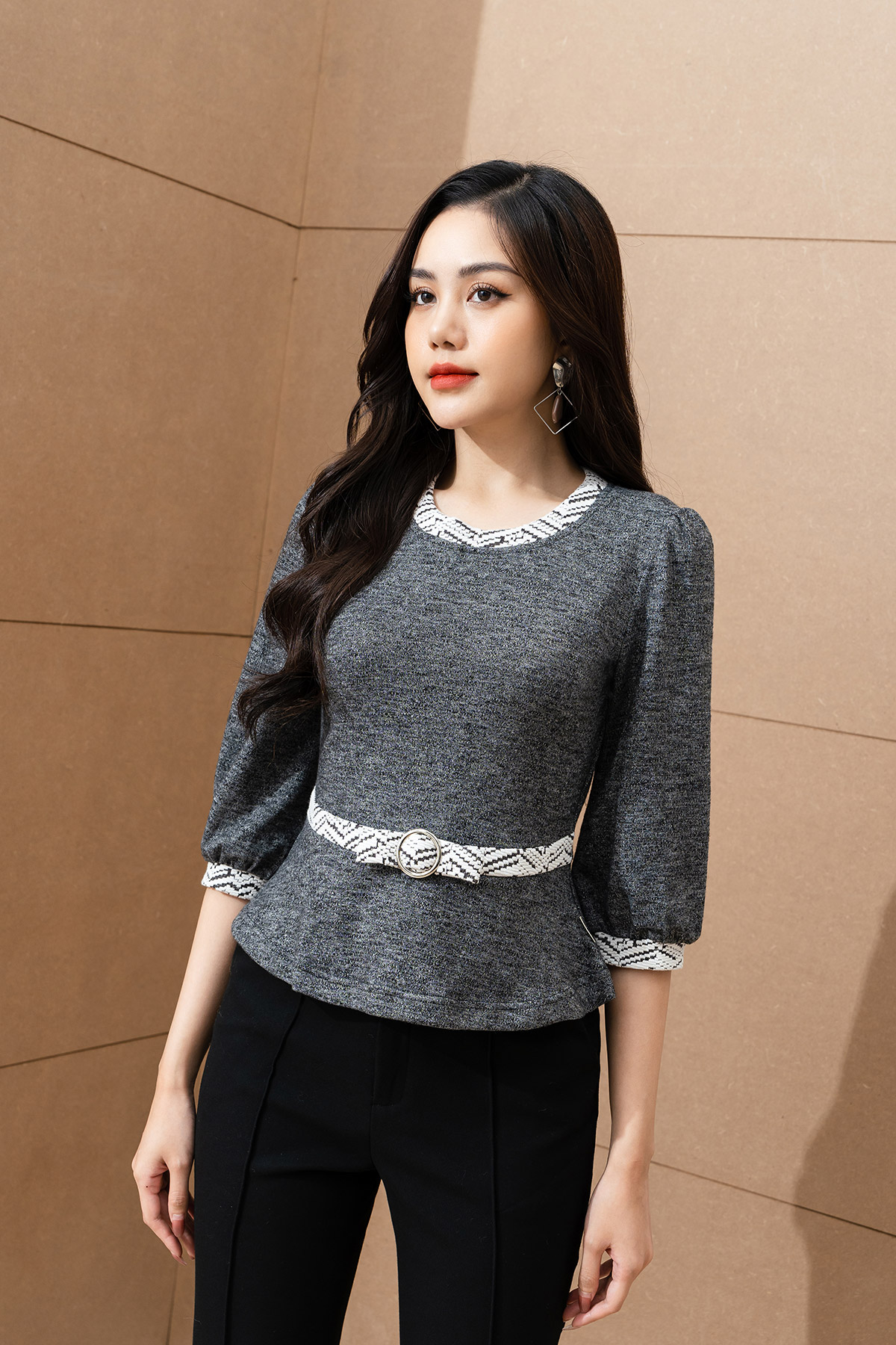 Áo kiểu lamer peplum phối đai eo l61w22t041