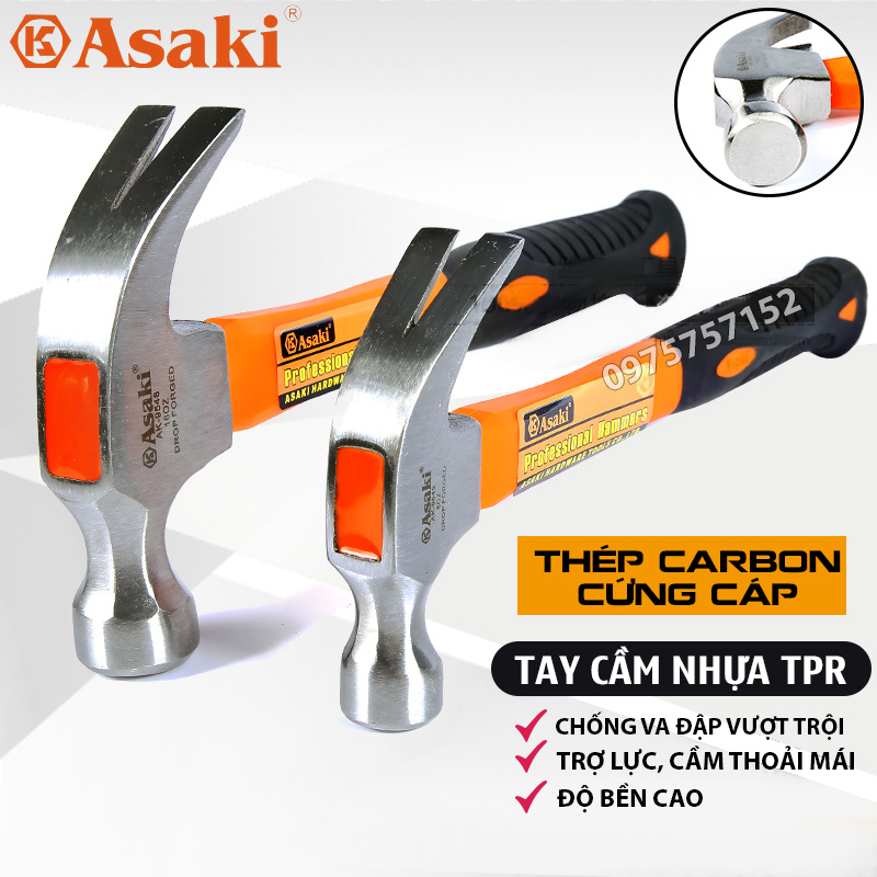 Búa đóng đinh, búa nhổ đinh đa năng Asaki, thép Carbon siêu cứng, tay cầm nhựa TPR trợ lực, độ ổn định cao, búa đinh, búa sừng dê, búa đa năng đóng đinh bê tông, tường, gỗ, sửa chữa cơ khí, sửa chữa nhà cửa cơ khí làm mộc