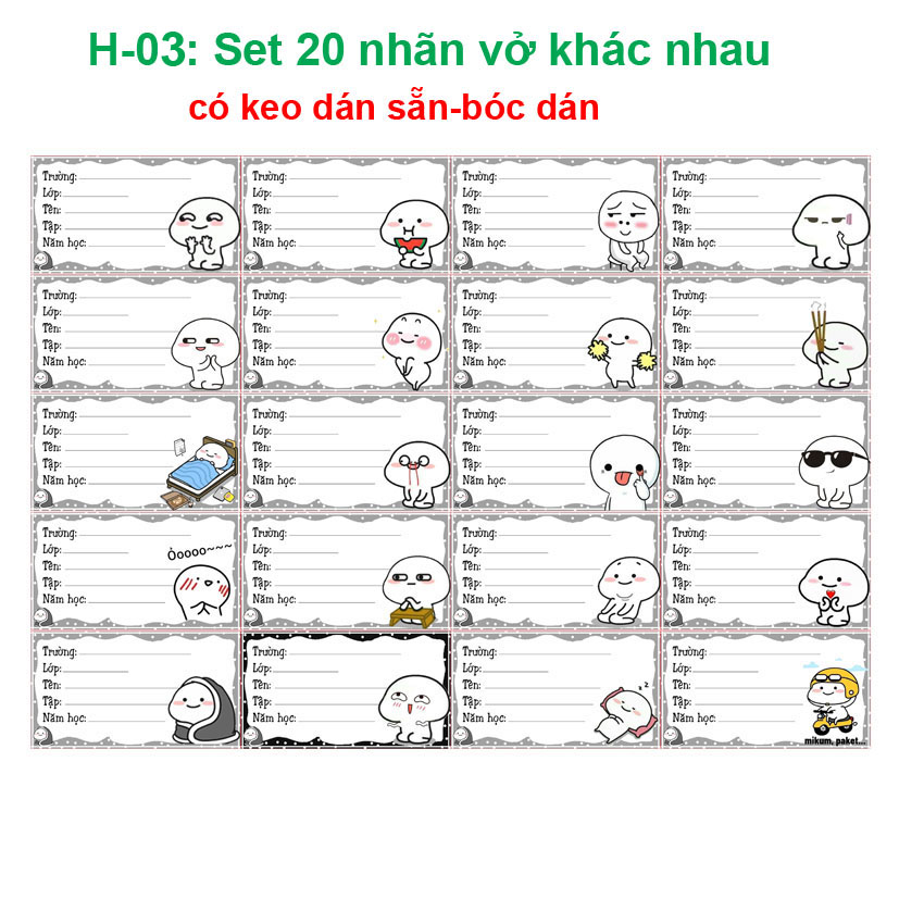 Nhãn vở Meme Đàu Tròn- nhãn dán Meme Đàu Tròn( set 20 nhãn vở khác nhau)