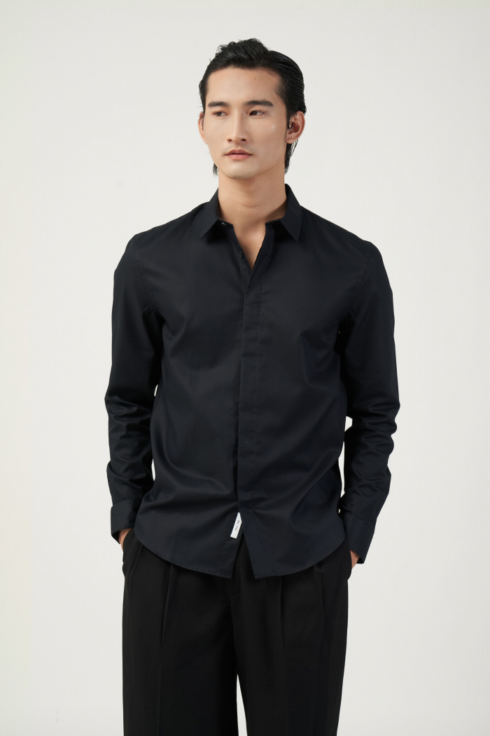 Áo sơ mi nam tay dài nút ẩn trơn form fitted - routine 10f21shl003cr1