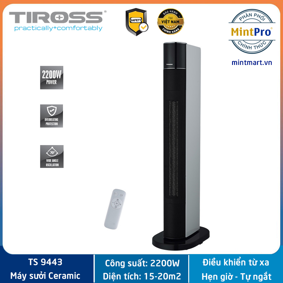 Máy sưởi Ceramic, Quạt sưởi Tiross TS9443 - Có điều khiển từ xa - Hàng chính hãng - Bảo hành 12 tháng